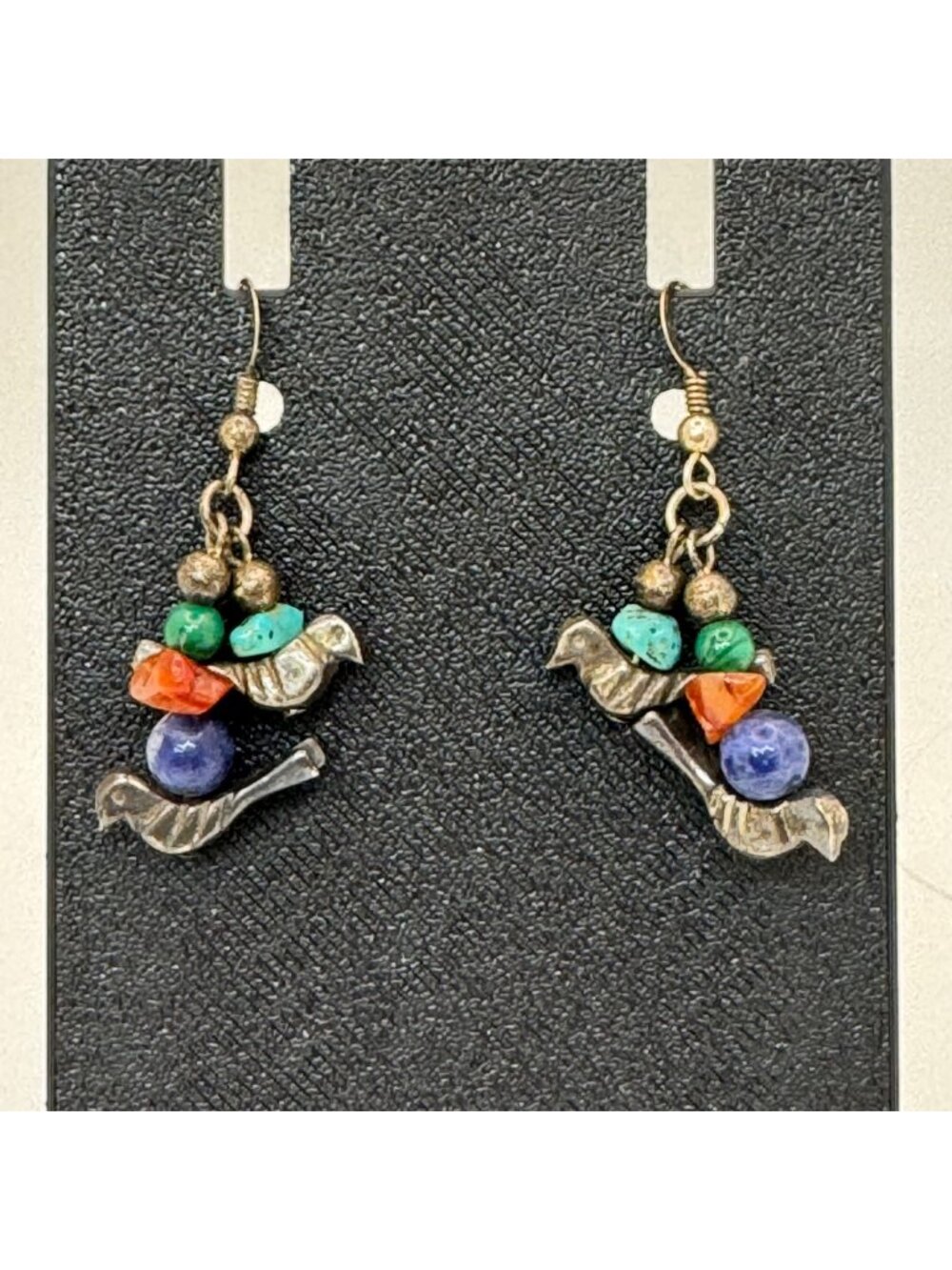 Fetish Sterling Silver Bird Earrings Turquoise Coral & Lapis Lazuli Beads Dangle